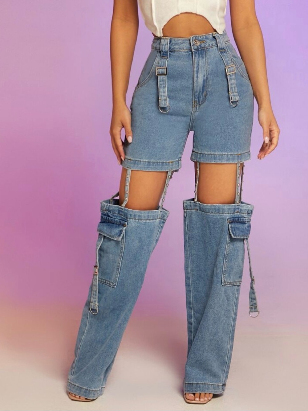 Studded Cut Out D-Ring Strap Detail Cargo Jeans Sz 9